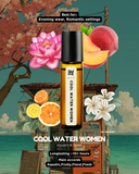 Roll-on bottle of 'Cool Water Women' with floral and fruit elements on a scenic background