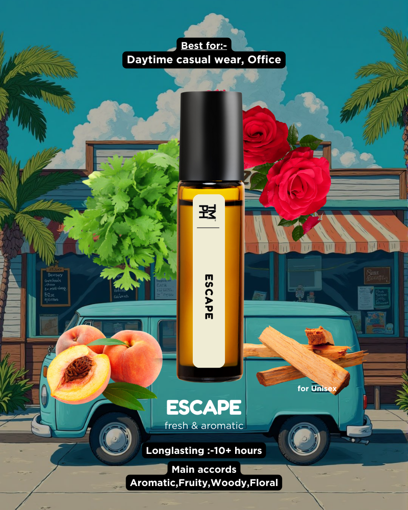 Roll-on bottle labeled 'Escape' with peach and rose elements on a colorful background
