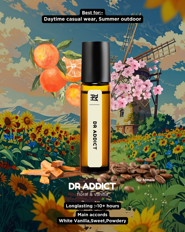Dr. Addict perfume bottle with a scenic background of flowers and a windmill.