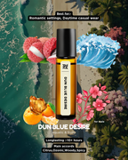 Dun Blue Desire perfume bottle with floral and ocean elements on a scenic background