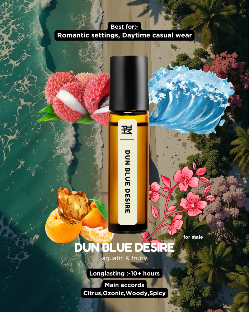 Dun Blue Desire perfume bottle with floral and ocean elements on a scenic background