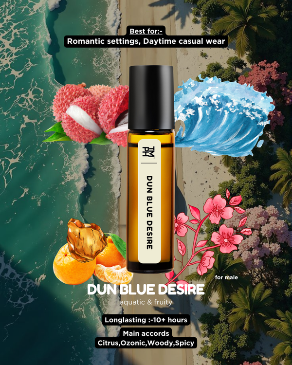 Dun Blue Desire perfume bottle with floral and ocean elements on a scenic background