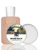 Beard balm packaging with a white cap and beige container on a white background