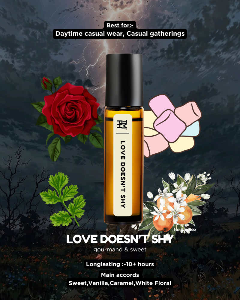 Perfume bottle labeled 'Love Doesn't Shy' with decorative elements on a dark background