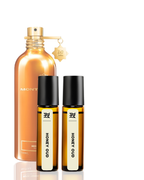 Perfume bottle and two rollerball bottles labeled 'Honey Oud' on a white background