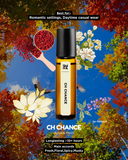 Perfume bottle labeled 'CH CHANCE' with autumn leaves and flowers in the background