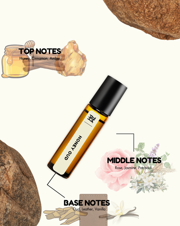 Roll-on bottle labeled 'Honey' with notes on top, middle, and base notes on a white background.