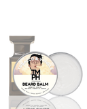 Beard balm container with a label featuring a person and text on a white background