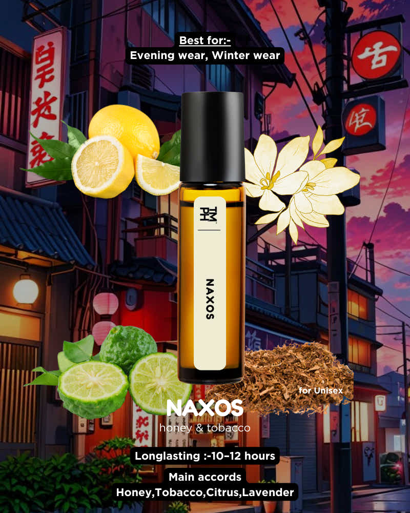 SOXYN NAXOS perfume bottle with floral, fruit, and tobacco elements against a colorful cityscape background.