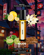 SOXYN NAXOS perfume bottle with floral, fruit, and tobacco elements against a colorful cityscape background.