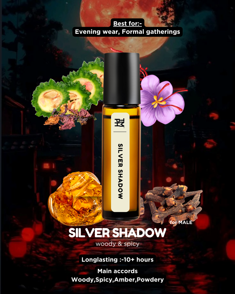 SILVER SHADOW perfume bottle with decorative elements on a dark background