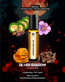 SILVER SHADOW perfume bottle with decorative elements on a dark background