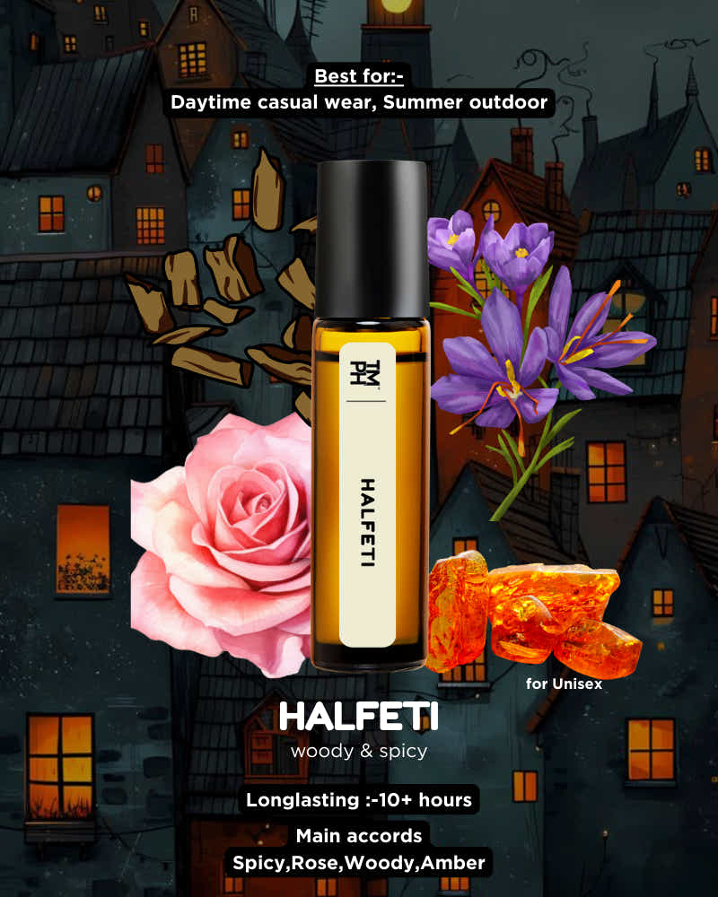 HALFETI perfume bottle with flowers and text on a dark, stylized cityscape background