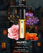 HALFETI perfume bottle with flowers and text on a dark, stylized cityscape background