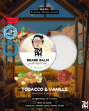 Beard balm packaging with artistic background and product details