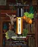 Costa Azura perfume bottle with decorative elements on a wooden background