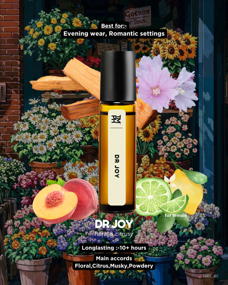 Dr. Joy perfume bottle with floral and fruit elements on a colorful background