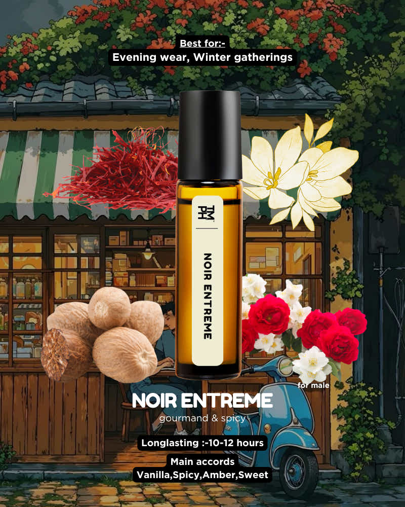 Noir Extreme cologne bottle with decorative elements and text on a colorful background