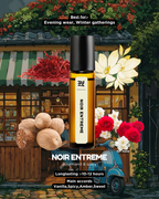 Noir Extreme cologne bottle with decorative elements and text on a colorful background