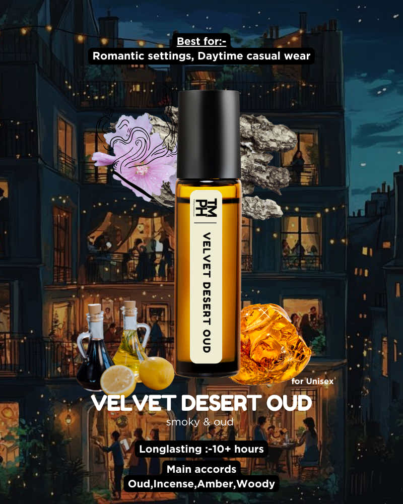 Velvet Desert Oud perfume bottle with cityscape background