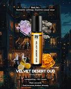 Velvet Desert Oud perfume bottle with cityscape background