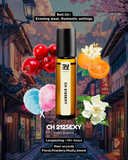 Perfume bottle labeled 'CH 212 SEXY' with decorative elements on a colorful street background