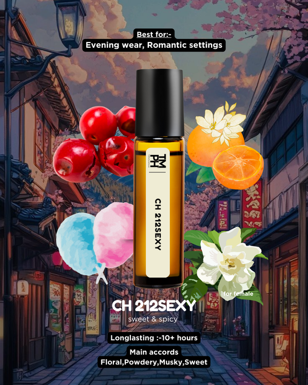 Perfume bottle labeled 'CH 212 SEXY' with decorative elements on a colorful street background