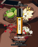 Roll-on bottle labeled CH 212VIP with decorative elements and text on a wooden surface.