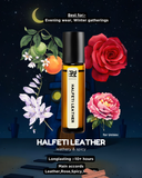 HALFETI LEATHER perfume bottle with floral elements and night sky background