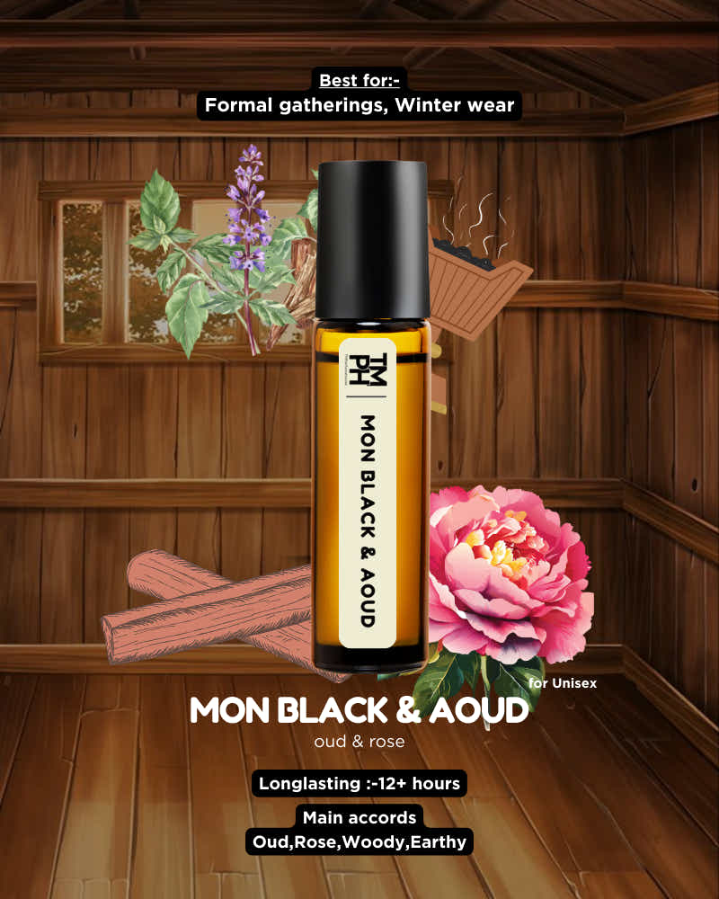 Roll-on bottle of 'MON BLACK & OUD' with decorative elements on a wooden background