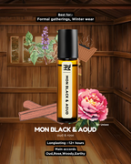 Roll-on bottle of 'MON BLACK & OUD' with decorative elements on a wooden background