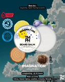 Beard balm packaging with natural elements and branding on a scenic background