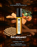 Oud Bergamot perfume bottle with decorative elements on a dark background