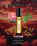 Perfume bottle labeled '31 of Rose' with floral and nature-themed background
