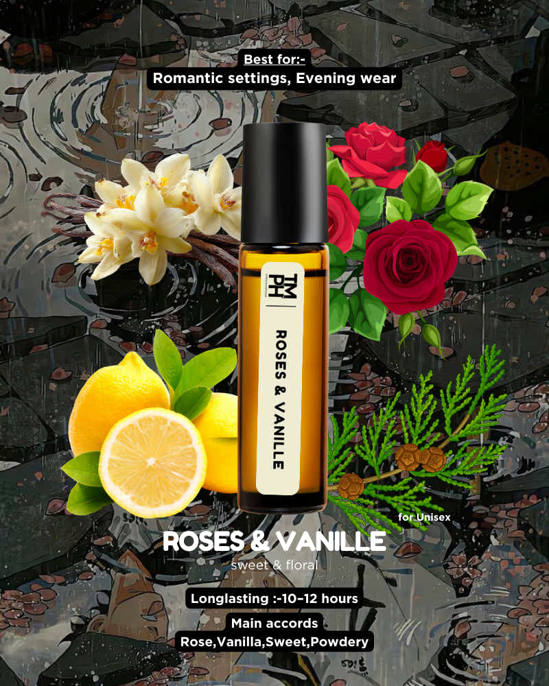 Perfume bottle labeled 'Roses & Vanille' with floral and fruit elements on a decorative background.