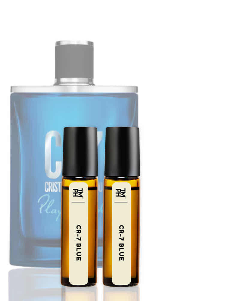 Perfume bottle and two small bottles labeled 'CR7 Blue' on a white background