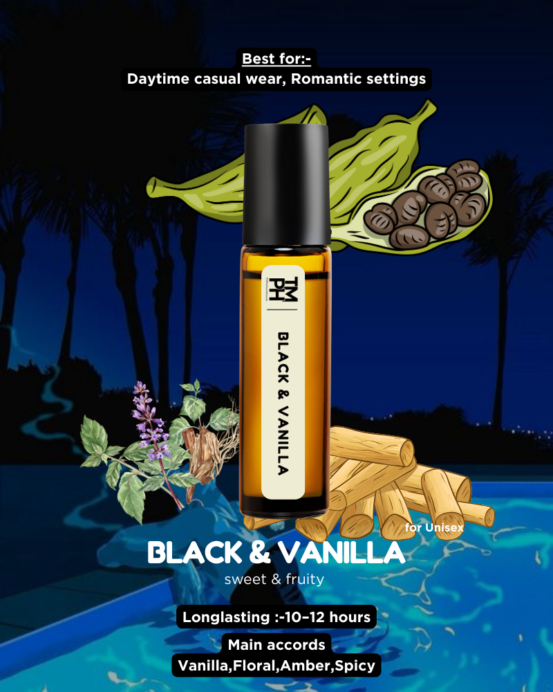 Roll-on bottle of Black & Vanilla perfume with vanilla beans and leaves on a tropical night background