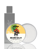 Beard balm packaging with tropical design and 'MYSLF TM PH' branding on a white background.