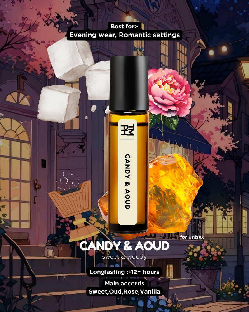 Candy & Aoud perfume bottle with romantic setting background