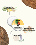 Beard balm packaging with notes on top, middle, and base notes on a white background.