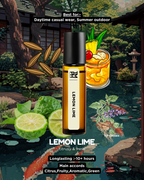 Perfume bottle labeled 'Lemon Lime' with scenic background