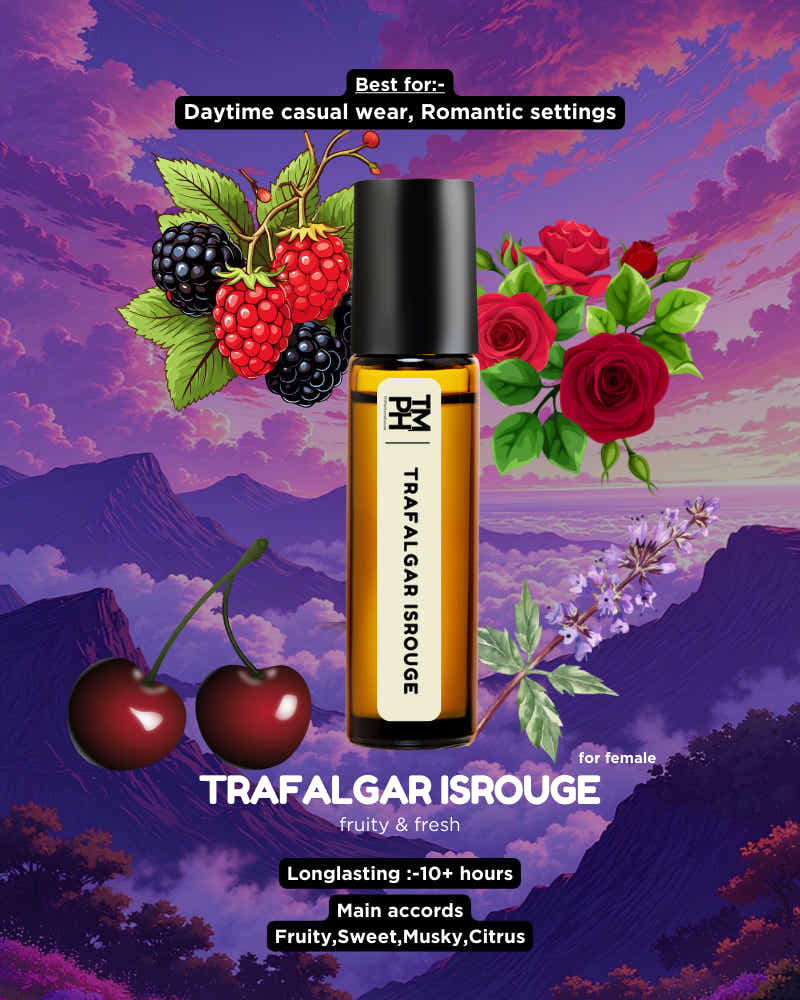 Roll-on bottle of Trafalgar Isrouge with fruits and flowers on a scenic background