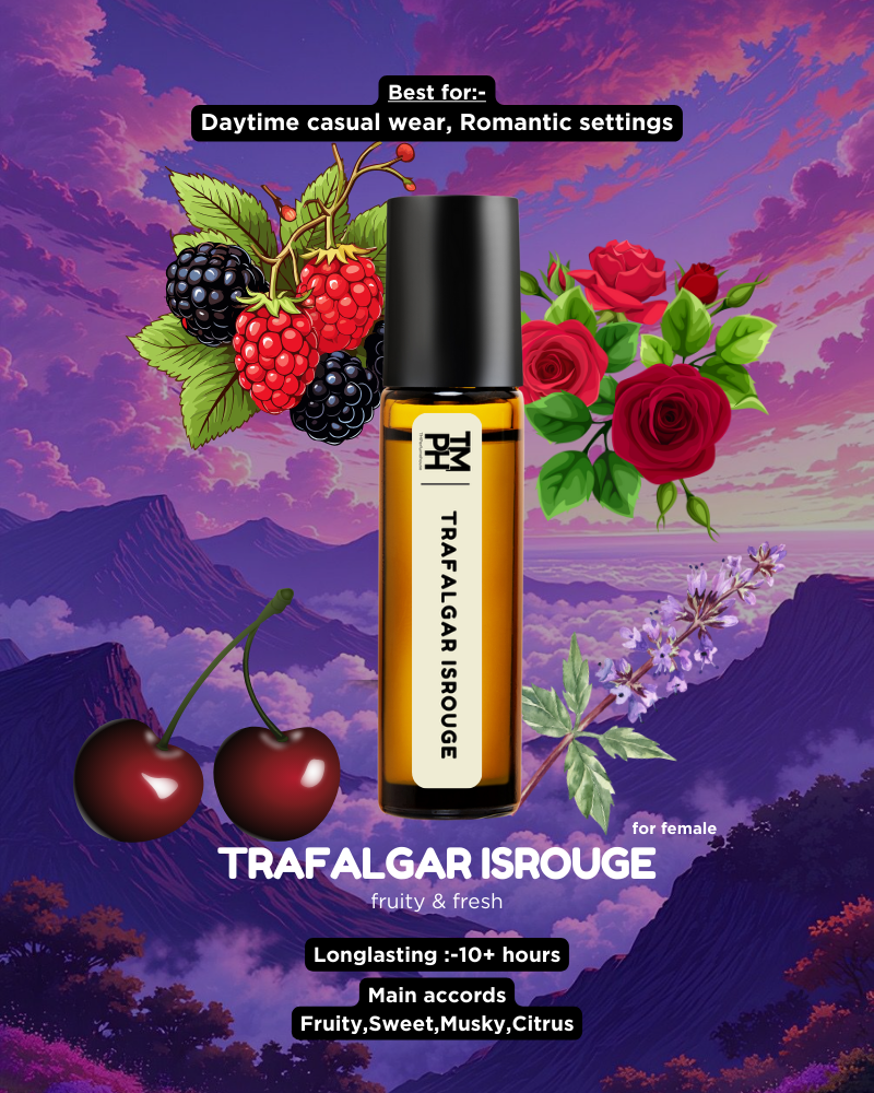 Roll-on bottle of Trafalgar Isrouge with fruits and flowers on a scenic background
