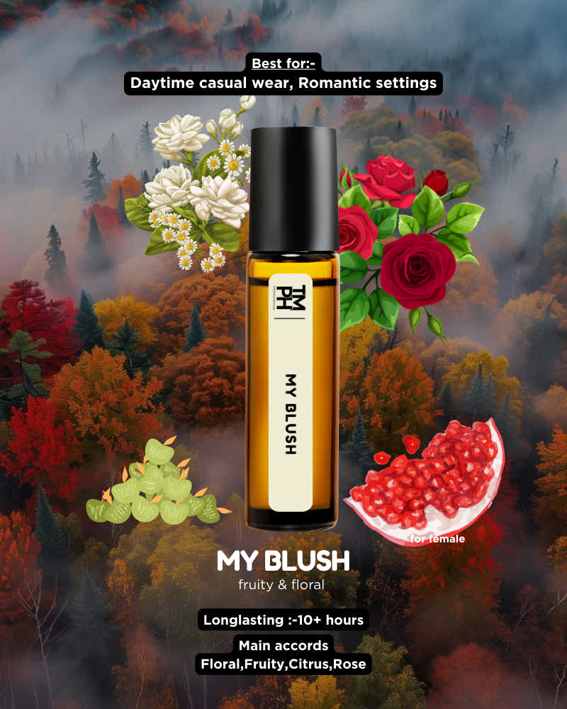 Perfume bottle labeled 'My Blush' with floral and fruit graphics against a forest background