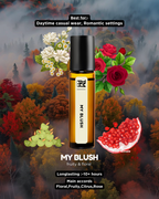 Perfume bottle labeled 'My Blush' with floral and fruit graphics against a forest background
