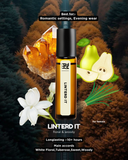 Perfume bottle labeled 'Linterd It' with floral and woody elements on a dark background