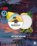 Beard balm packaging with tropical design and scenic background