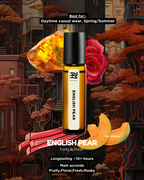 Roll-on bottle labeled 'English Pear' with decorative elements and text on a stylized background.