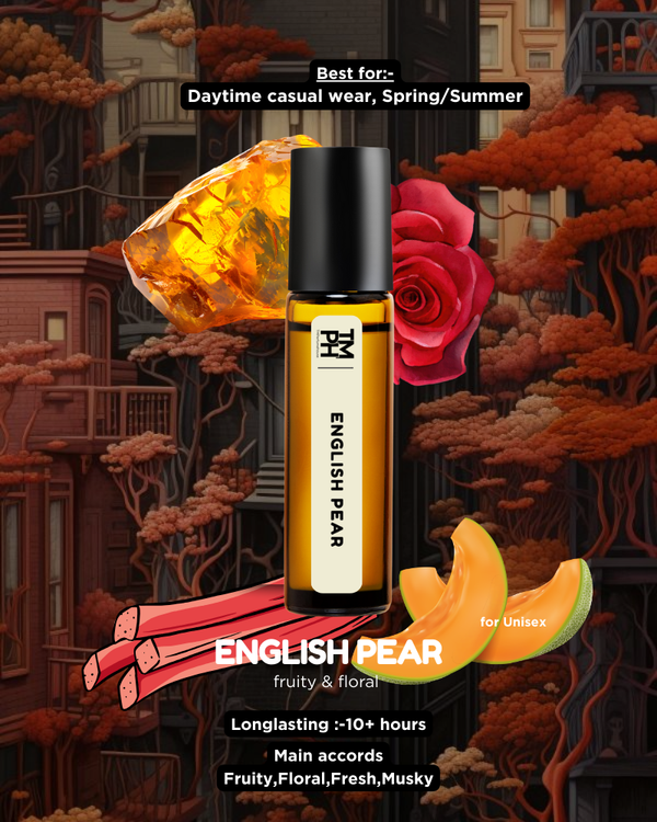 Roll-on bottle labeled 'English Pear' with decorative elements and text on a stylized background.