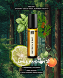 Roll-on bottle with lime and mandarin elements on a forest background